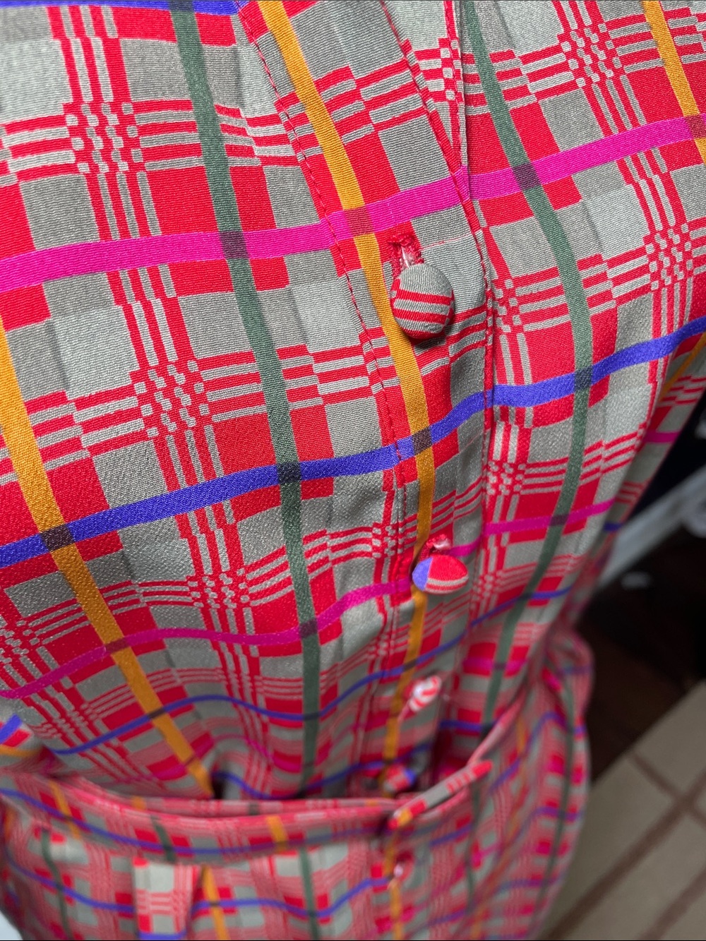 Vintage Hana Sung 1980s Plaid Shirt Dress Midi Belted Shoulder Pads Pink Blue 10 - Picture 2 of 13